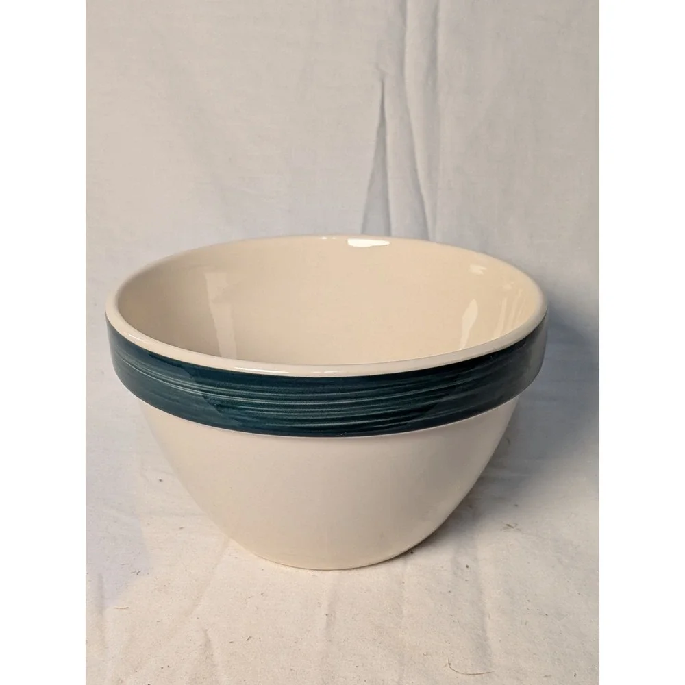 Vintage Stoneware Mixing Bowl Cream with Teal Green Band Farmhouse Crock Crazed